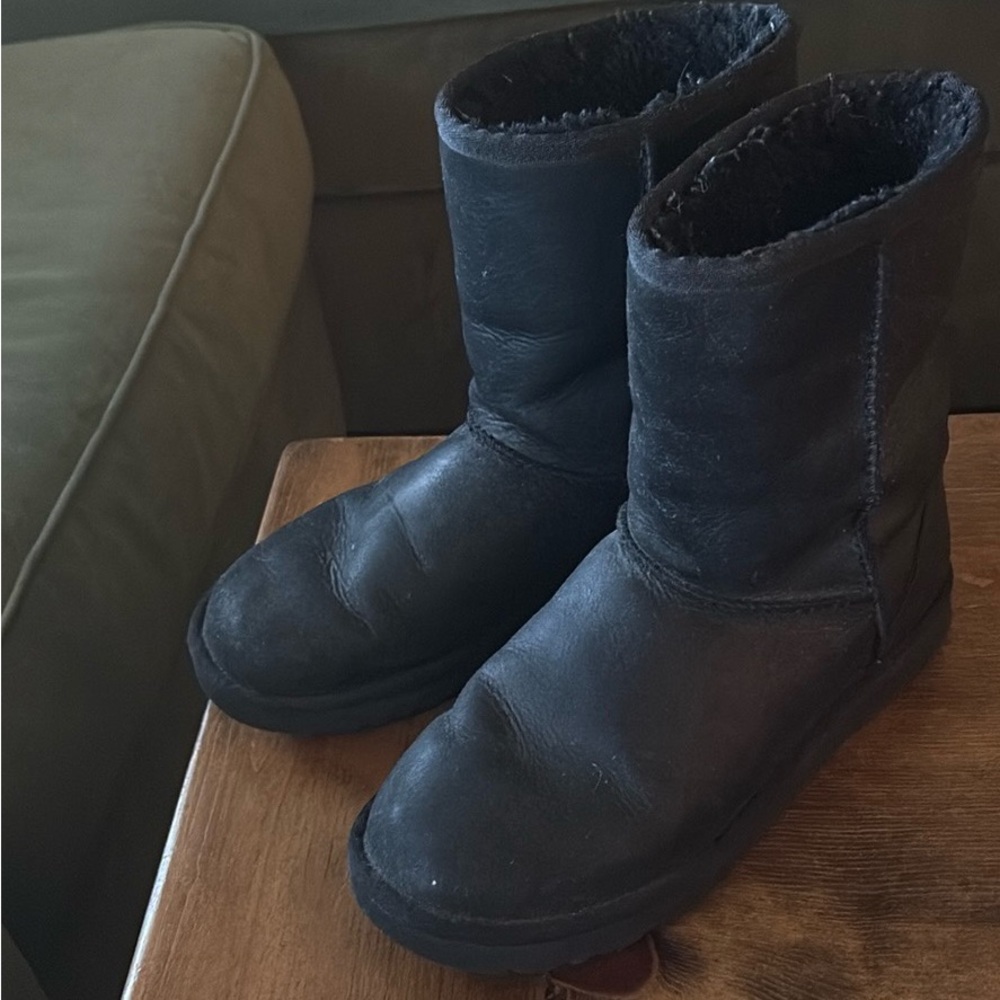 UGG Black Leather Classic Short Shearling Boots